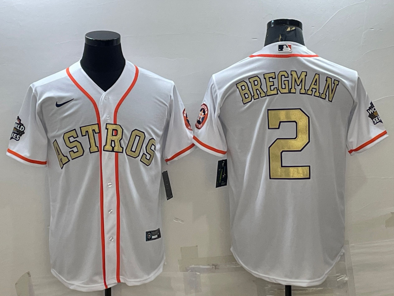Men's Houston Astros #2 Alex Bregman White Gold 2022 World Series Stitched Baseball Jersey